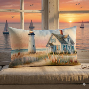 Seaside Lighthouse & Cottage Watercolor Scene Lumbar Pillow