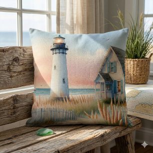 Seaside Lighthouse & Cottage Watercolor Scene Throw Pillow