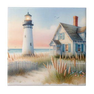 Seaside Lighthouse & Cottage Watercolor Scene Tile