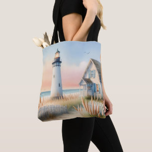 Seaside Lighthouse & Cottage Watercolor Scene Tote Bag