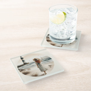 Seaside Lighthouse Stroll Glass Coaster