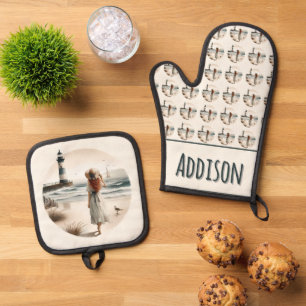 Seaside Lighthouse Stroll Oven Mitt & Pot Holder Set