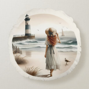 Seaside Lighthouse Stroll Round Pillow