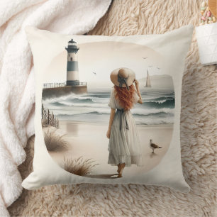 Seaside Lighthouse Stroll Throw Pillow