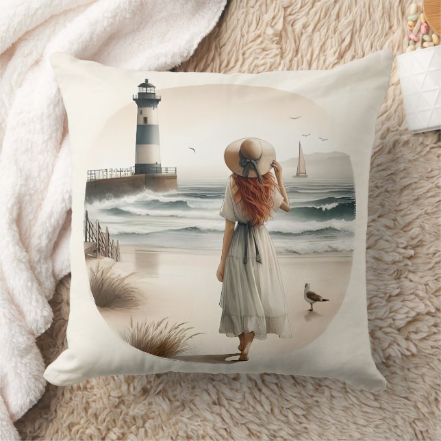 Seaside Lighthouse Stroll Throw Pillow (Blanket)