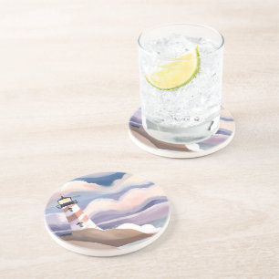 Seaside Lighthouse   Watercolor Ocean Painting Coaster