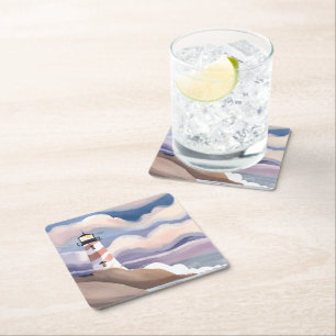 Seaside Lighthouse   Watercolor Ocean Painting Square Paper Coaster