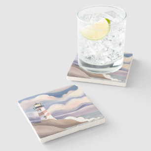 Seaside Lighthouse   Watercolor Ocean Painting Stone Coaster