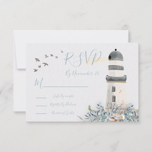 Seaside Lighthouse Wedding response cards RSVP (Front)