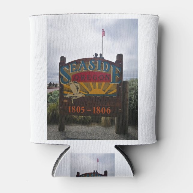 Seaside Oregon Lewis and Clark Sign on Prom Beach Can Cooler (Front)
