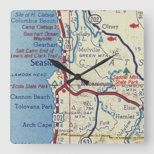 Seaside Oregon Vintage Map Square Wall Clock (Front)