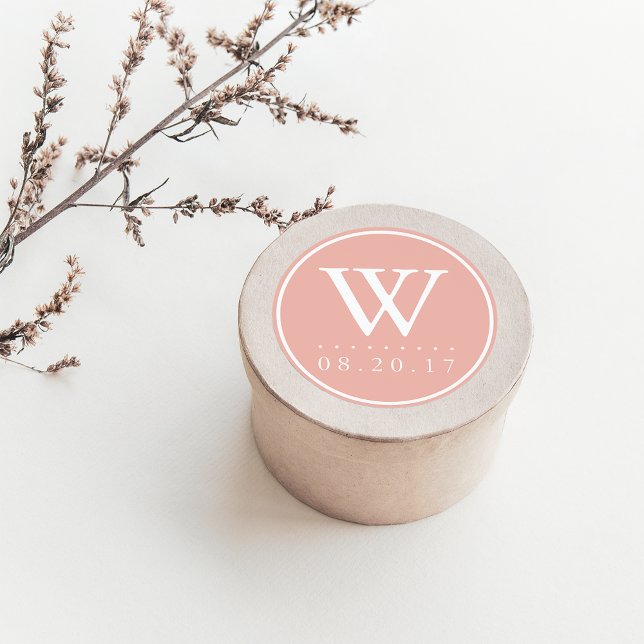 Seaside Pastels Peach Monogram Wedding Date Classic Round Sticker (Creator Uploaded)
