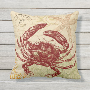 Seaside Red Crab Collage Throw Pillow