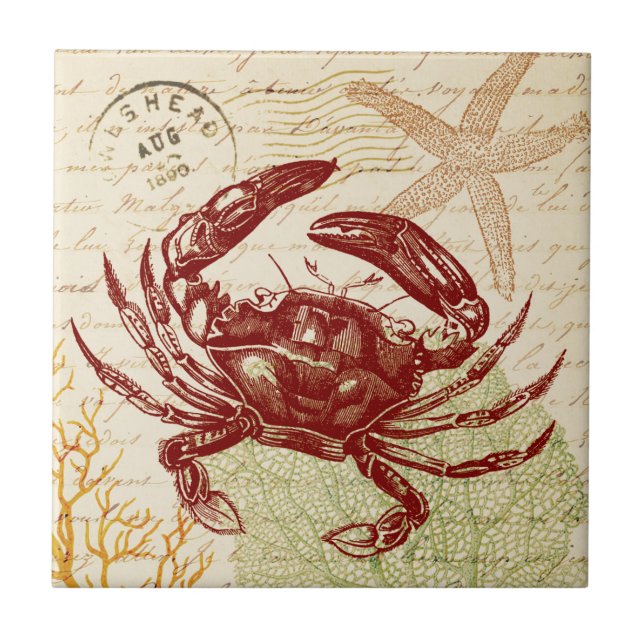 Seaside Red Crab Collage Tile (Front)