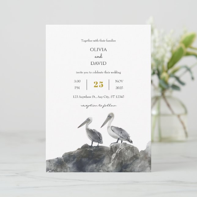 Seaside Romance Dusty Pelican Couple Beach Wedding Invitation (Standing Front)