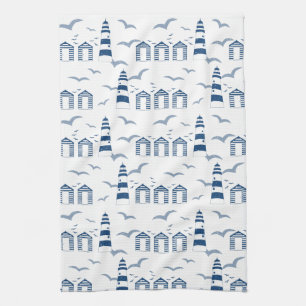 Seaside Scene Beach Huts and Lighthouses Kitchen Towel