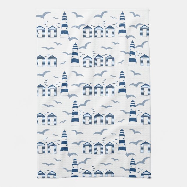 Seaside Scene Beach Huts and Lighthouses Kitchen Towel (Vertical)