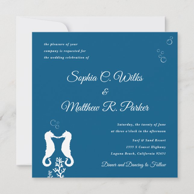 Seaside Seahorse Wedding Invitation | Navy Blue (Front)