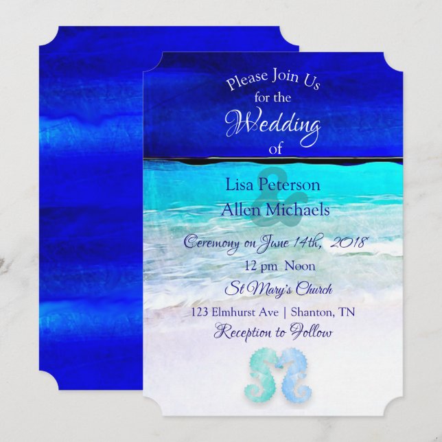 Seaside Seahorses Blue Beach Invitations de mariag (Devant / Derrière)
