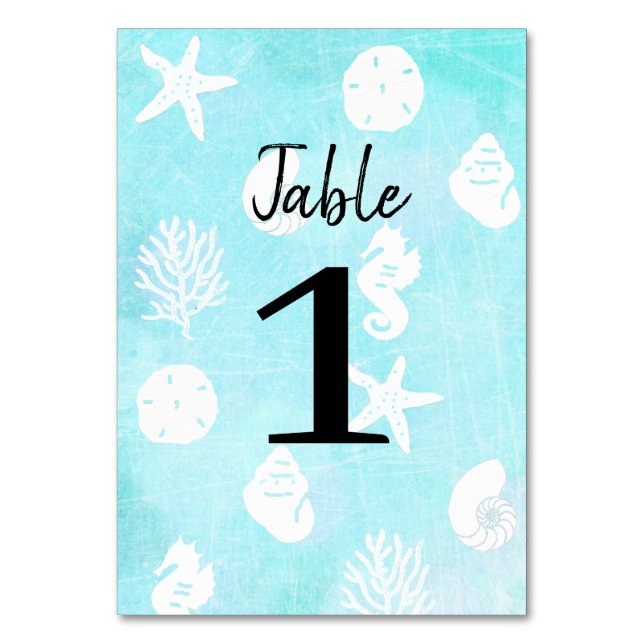 Seaside Seashells Beach Wedding Table Number Cards (Front)