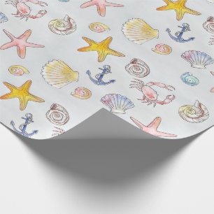 Seaside Seashells Starfish Watercolor Pattern Wrapping Paper