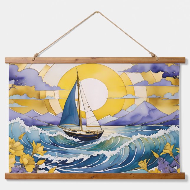 Seaside Serenity Sailboat Waves and Floral Hanging Tapestry (Front)