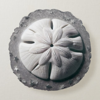 Seaside Serenity Sand Dollar White Silvery Round Pillow
