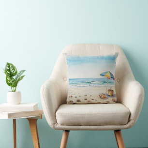 Seaside Serenity: Watercolor Beach Bliss Throw Pillow