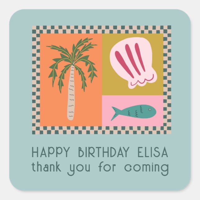 Seaside Soiree BIRTHDAY PARTY Modern Cute CUSTOM Square Sticker (Front)