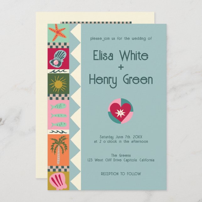 Seaside Soiree Modern Cute CUSTOM QR Wedding  Invitation (Front/Back)