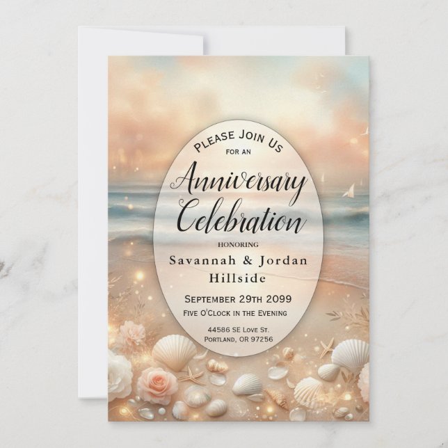 Seaside Sparkle and Sunset Dreams Anniversary  Invitation (Front)