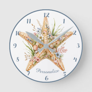 Seaside Starfish Floral Coastal Beach Bloom Round Clock