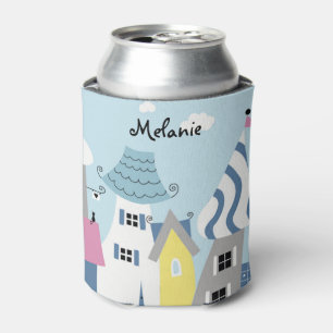Seaside Town illustrated Personalised Travel Can Cooler