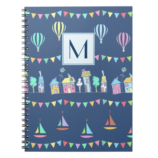 Seaside Town Sail Boats and Bunting Monogram Notebook (Front)