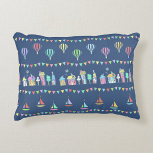 Seaside Town Sail Boats and Bunting Pattern Blue Accent Pillow