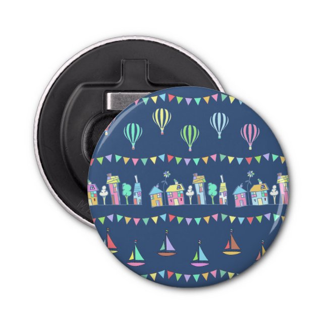 Seaside Town Sail Boats and Bunting Pattern Blue Bottle Opener (Front)