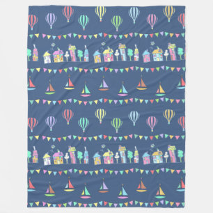 Seaside Town Sail Boats and Bunting Pattern Blue Fleece Blanket