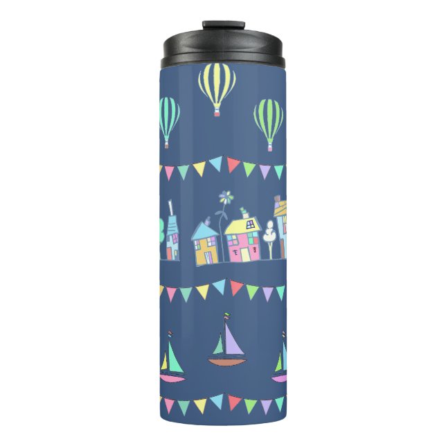 Seaside Town Sail Boats and Bunting Pattern Blue Thermal Tumbler (Front)