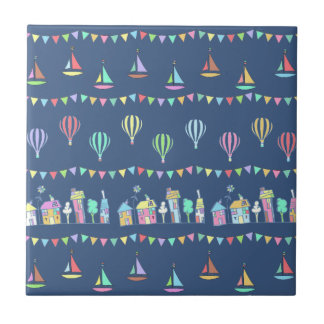 Seaside Town Sail Boats and Bunting Pattern Blue Tile