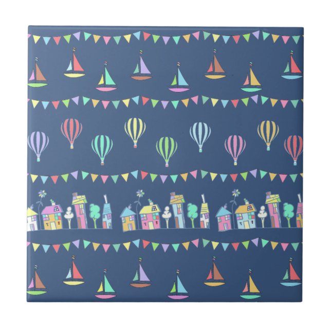 Seaside Town Sail Boats and Bunting Pattern Blue Tile (Front)