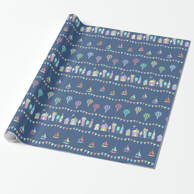 Seaside Town Sail Boats and Bunting Pattern Blue Wrapping Paper (Unrolled)