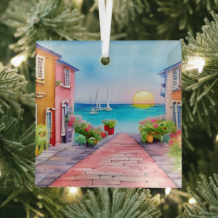 Seaside Village Sunset Watercolor Glass Ornament