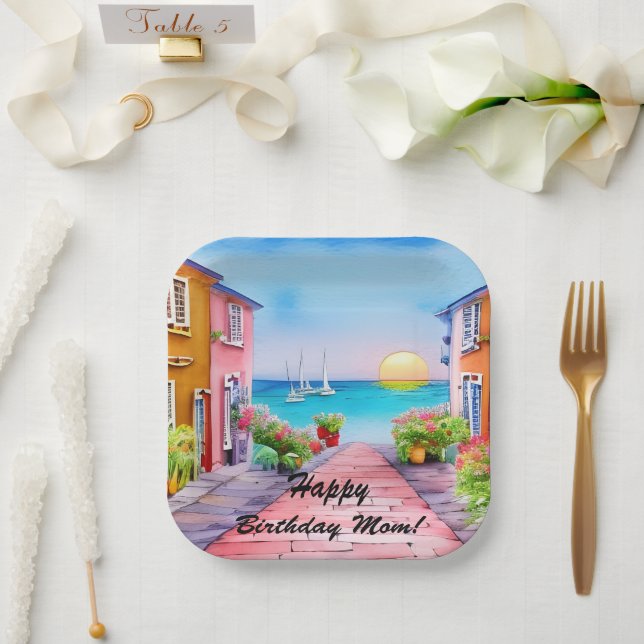 Seaside Village Watercolor Custom Party Plates (Wedding)
