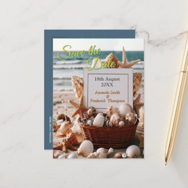 Seaside Wedding Celebrations on the Beach Announcement Postcard (Front/Back In Situ)