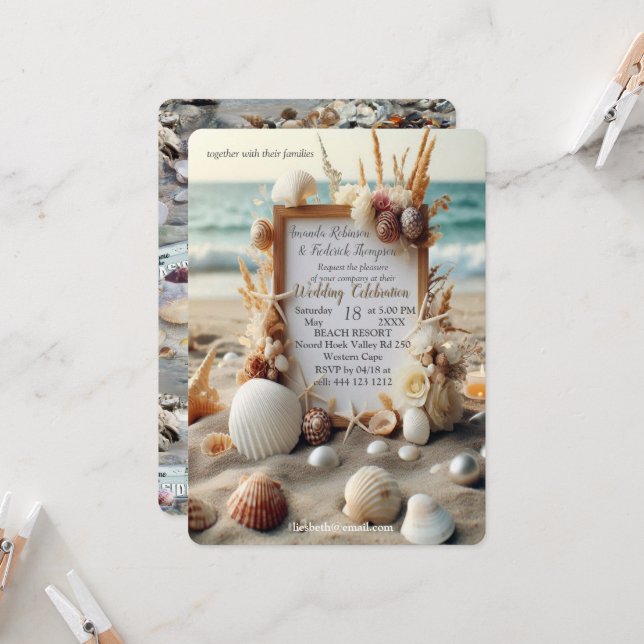 Seaside Wedding Celebrations on the Beach Invitation (Front/Back In Situ)