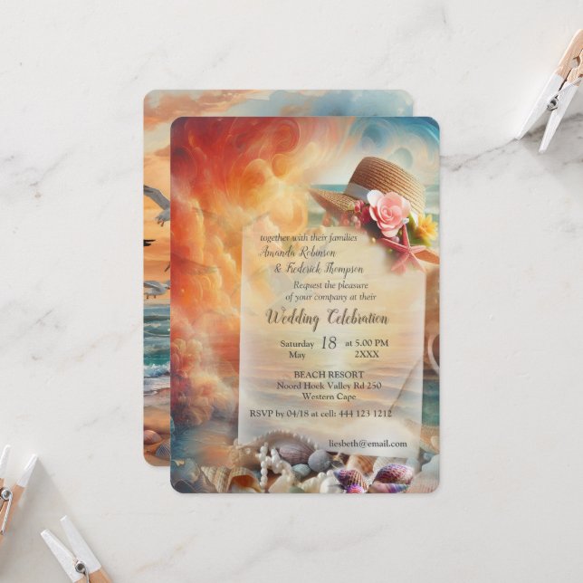 Seaside Wedding Celebrations on the Beach Invitation (Front/Back In Situ)
