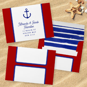 Seaside Wedding Red Blue Watercolor Rope RSVP Envelope