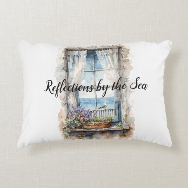 Seaside Window View Watercolor Coastal Scene Accent Pillow (Front)