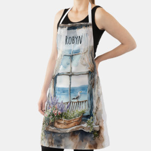 Seaside Window View Watercolor Coastal Scene Apron