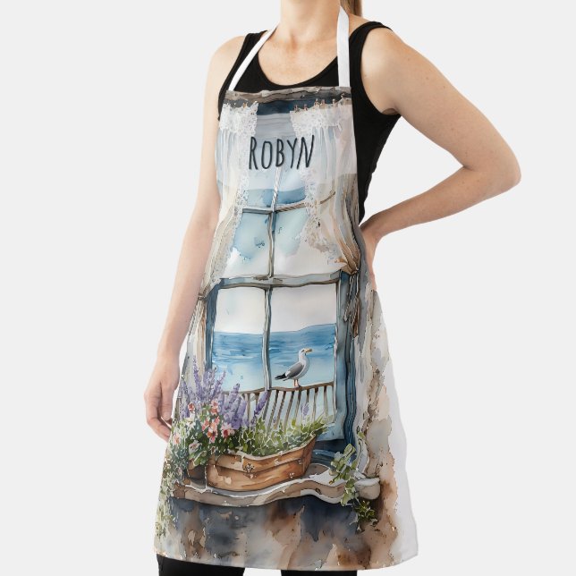 Seaside Window View Watercolor Coastal Scene Apron (Insitu)